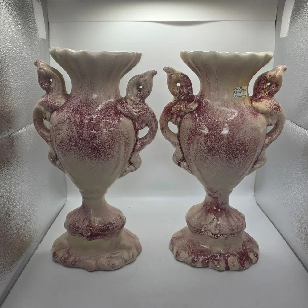 Pair RumRill J26 USA Art Pottery Bird Handle Vases Urns Burgundy Cream